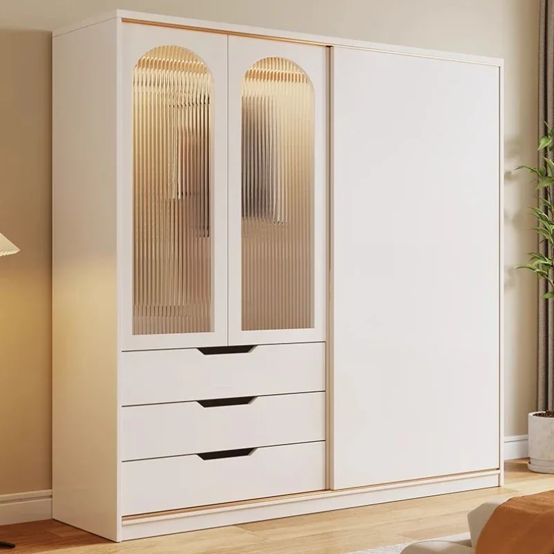 Puerta corredera plana moderna, armario blanco, armario de cristal para dormitorio, hogar, crema francesa, viento, puerta corredera de madera maciza, armario de vidrio