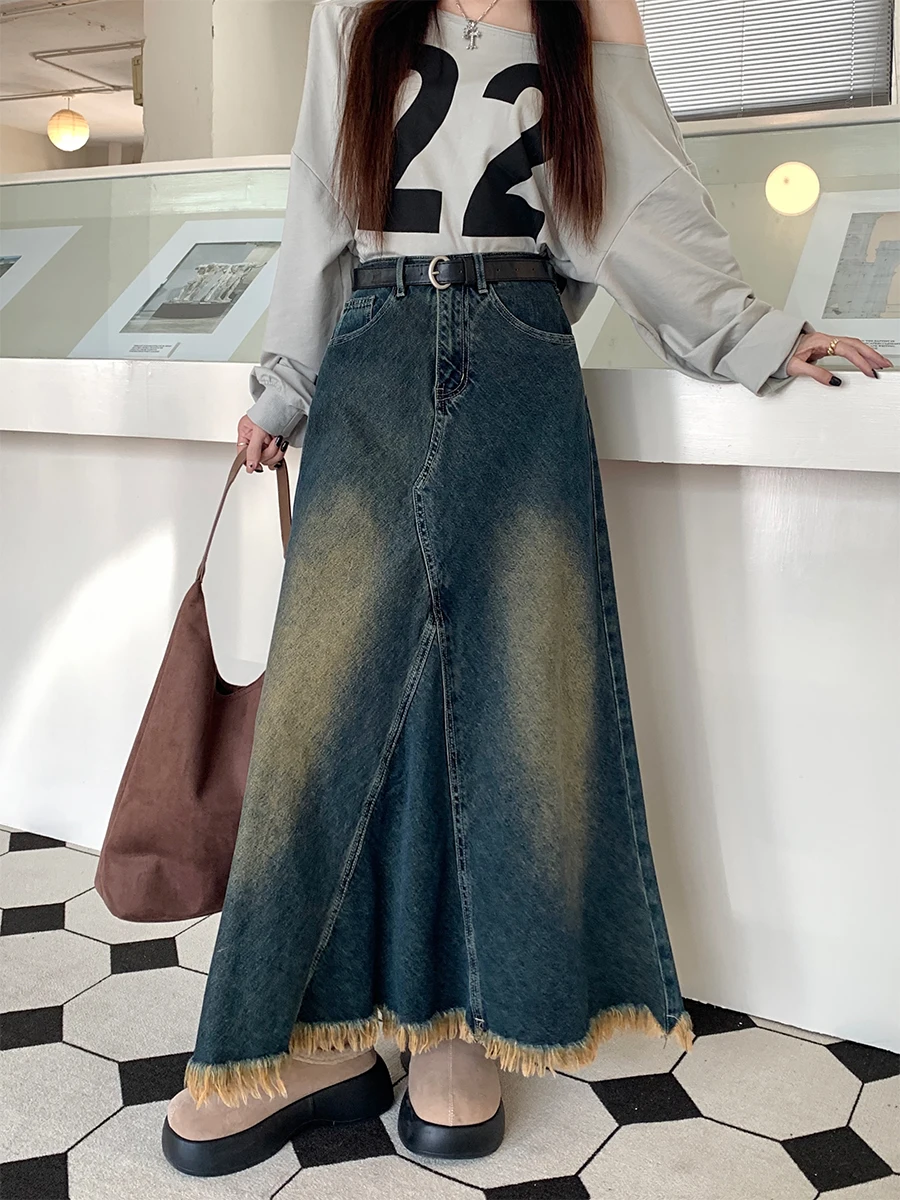 Retro Tassel Rough Edge Denim Skirt High Waist Loose A-line Long Skirts 2024 Early Autumn Fashion Versatile Casual Denim Skirt