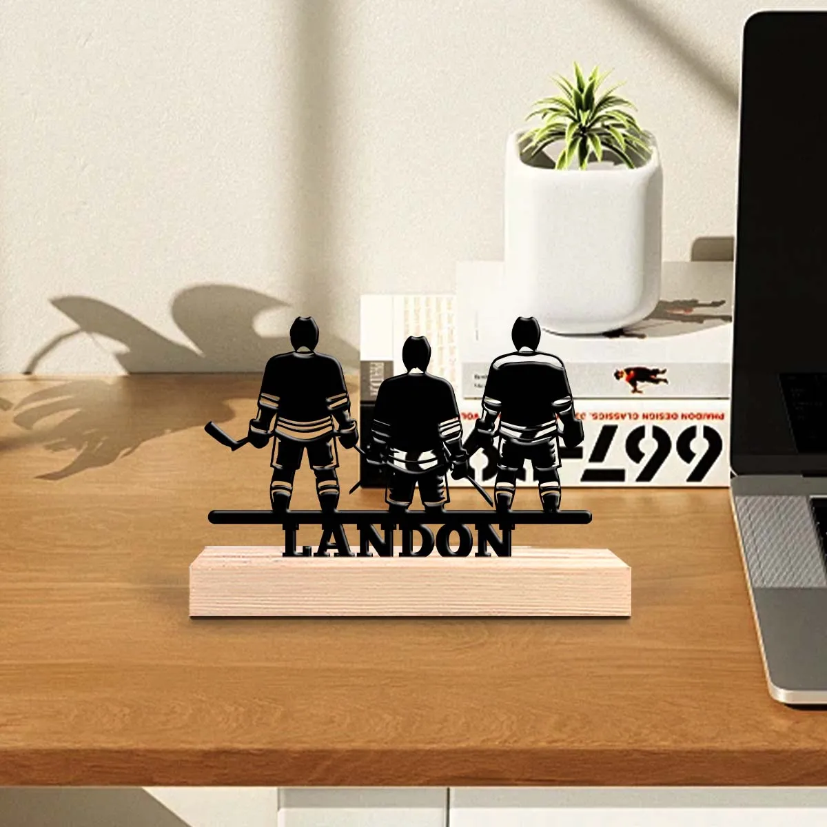 1pc Metal Art Desktop Decoration Customizable Content Equipped with A Wooden Base Bar Decoration, Holiday Gifts