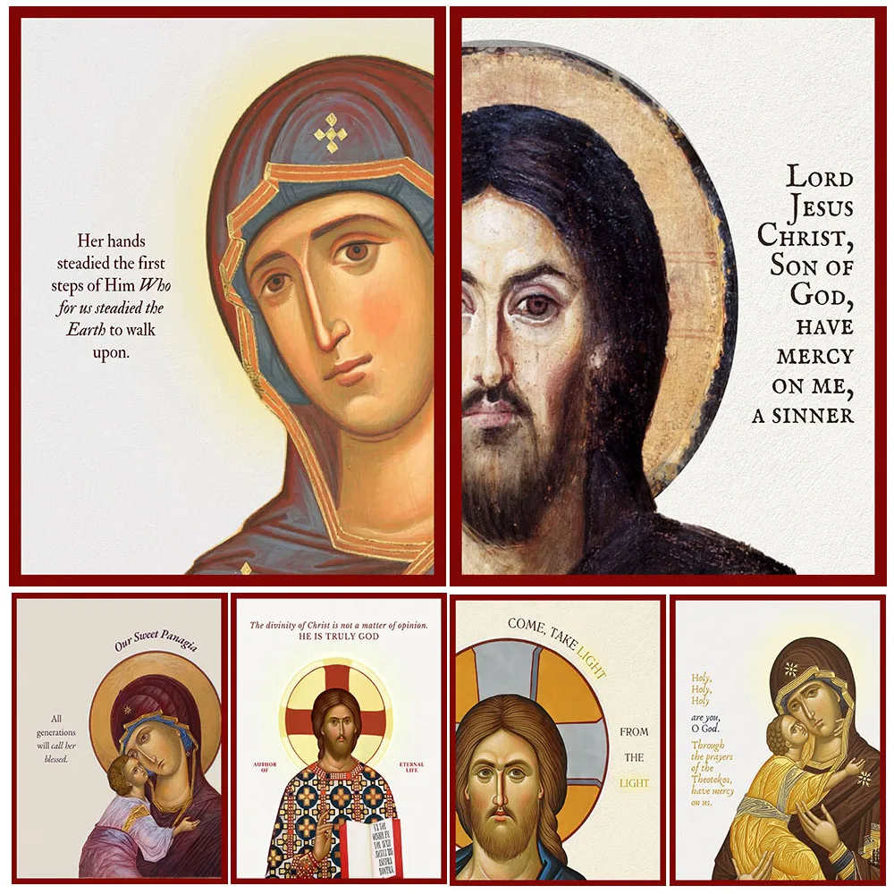 Orthodox Christian Icon Canvas Wall Art,Virgin Mary Panagia Jesus Christ Good Shepherd Vintage Byzantine Religious Icon Print