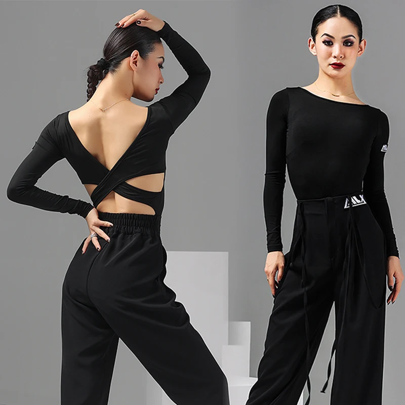 Adult Female Latin Dance Practice Wear Sexy Backless Black Long Sleeve Tops ChaCha Dancewear Rumba Samba Dancing Clothes YS4485