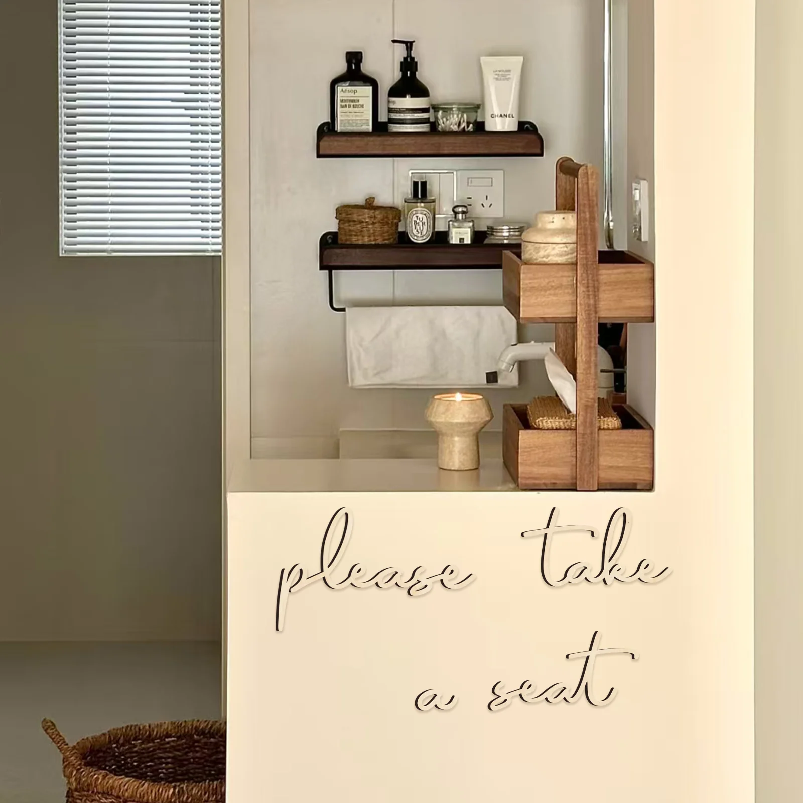 Wooden "Please Take a Seat" Bathroom Sign Set - 4-Piece Rustic Wall Decor with Cursive Lettering for Above Toilet