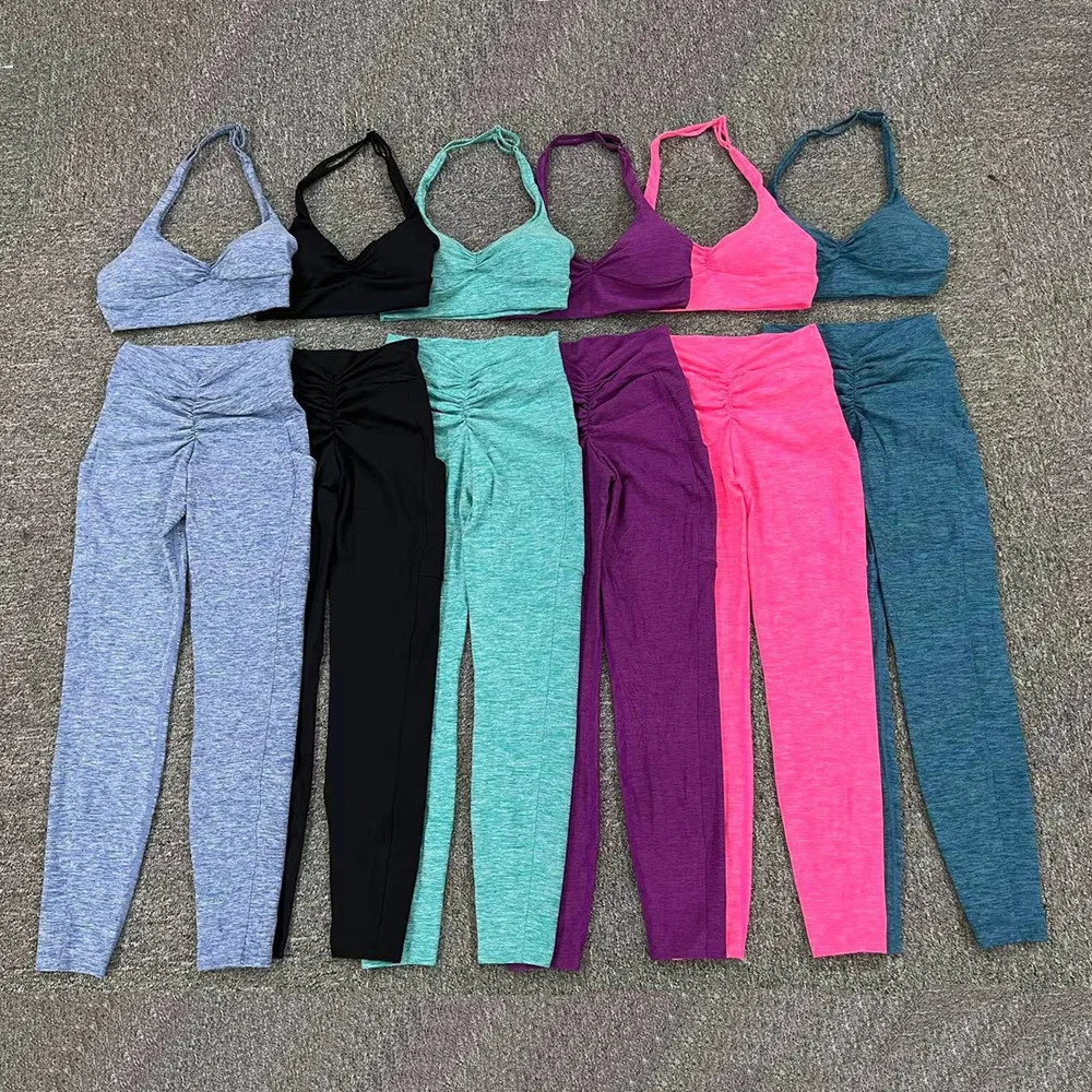 Sujetador deportivo de LICRA con cuello Halter, conjunto de Yoga a prueba de sentadillas, mallas de entrenamiento, pantalones de gimnasio, trajes