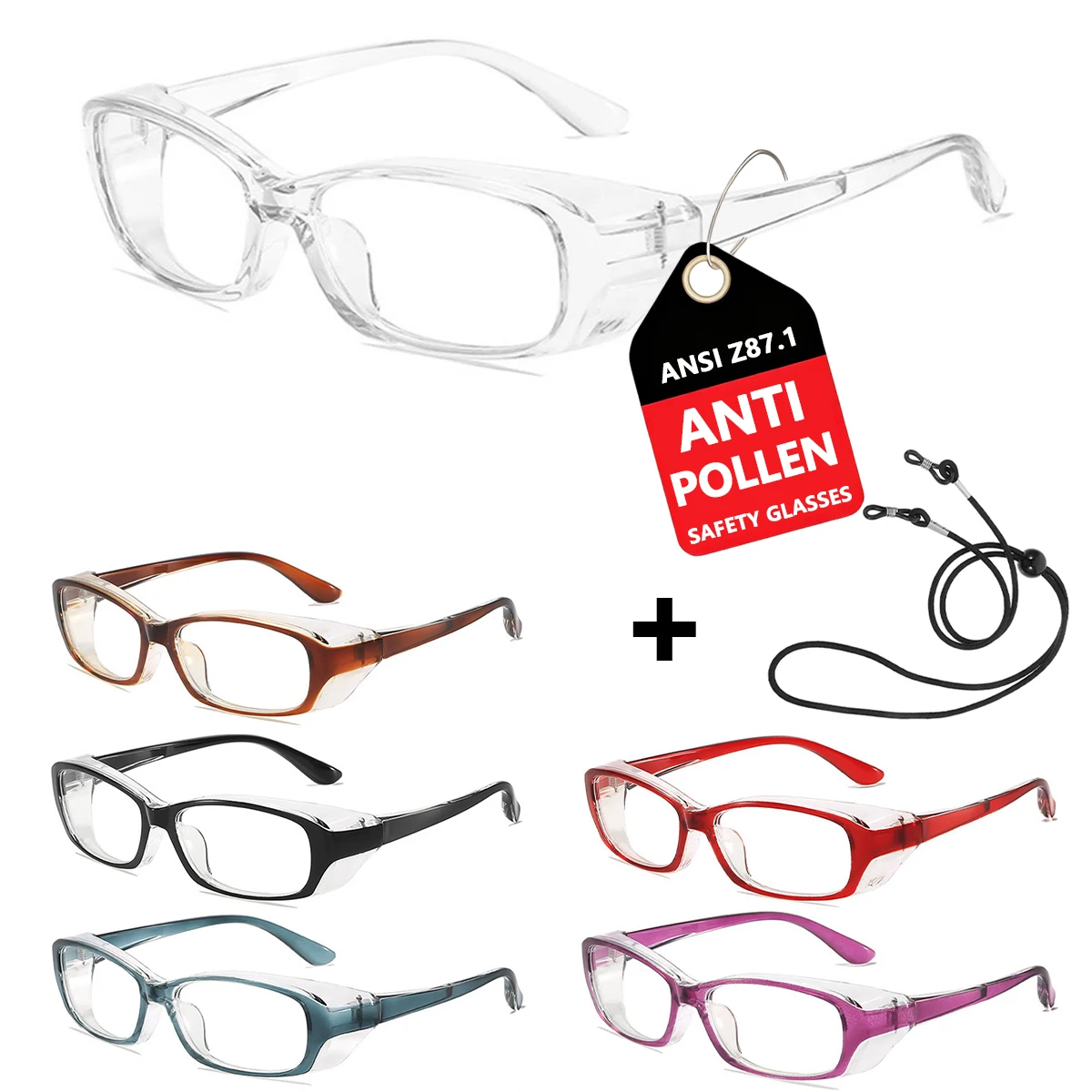 Anti-Pollen Safety Glasses Anti Fog with Side Shield Stylish Eye Protection for Women Men Work Sport with Retainer Strap HM8