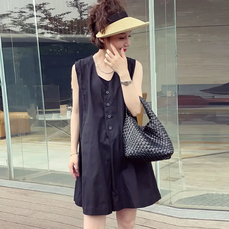 

Rompers Women Casual Solid Sleeveless Fashion Korean Style Retro Summer Thin Loose Daily Chic Simple High Waist Elegant Female