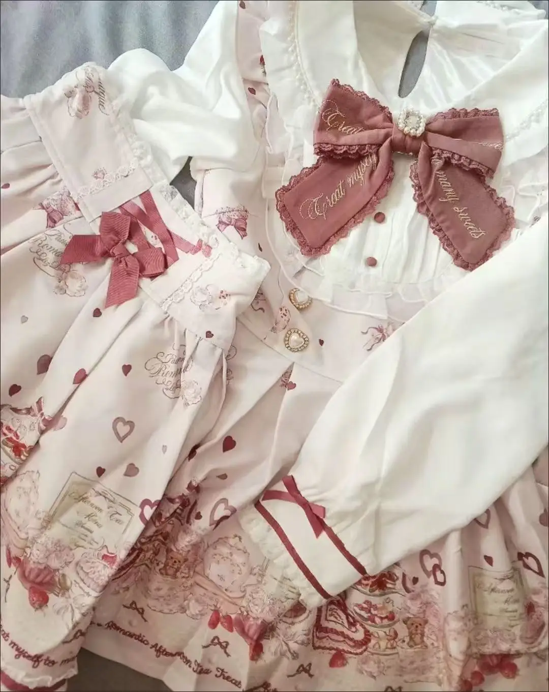

Japanese Kawaii Rhinestone Bow Dress Set Women Sweet Cute Lolita Style Lace Pearl Print Shirt Dresses Gothic Y2k Tea Party Dress