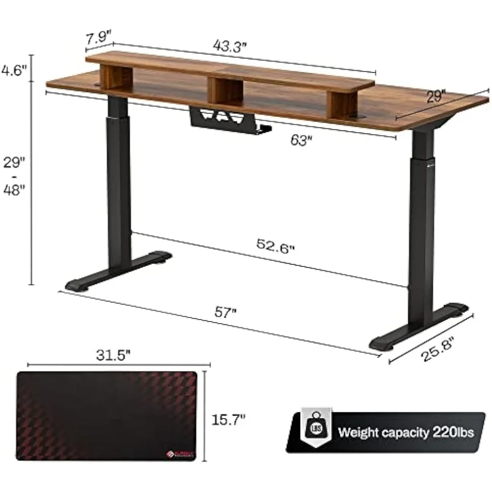 Electric Standing Desk,63 Inch Height Adjustable Desk with Dual Motor,Computer Desk with LED Lights & Double Shelves,