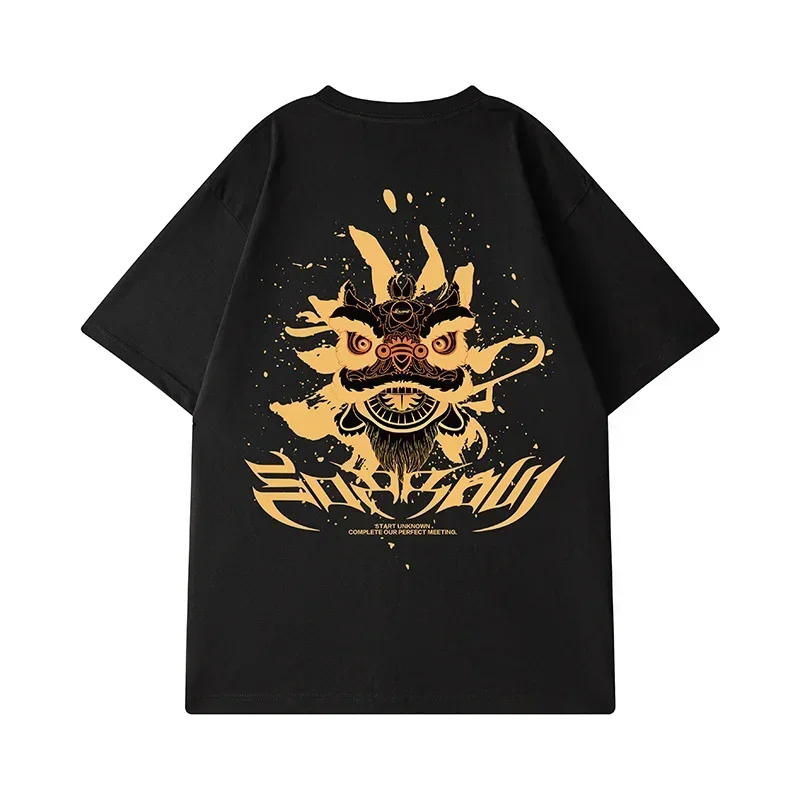 

New Lion Dance Printed Short Seeve T-shirt For Men Chinese Style Vintage T shirts Hip Hop Fashion Oversized Y2K Cotton Tee Tops
