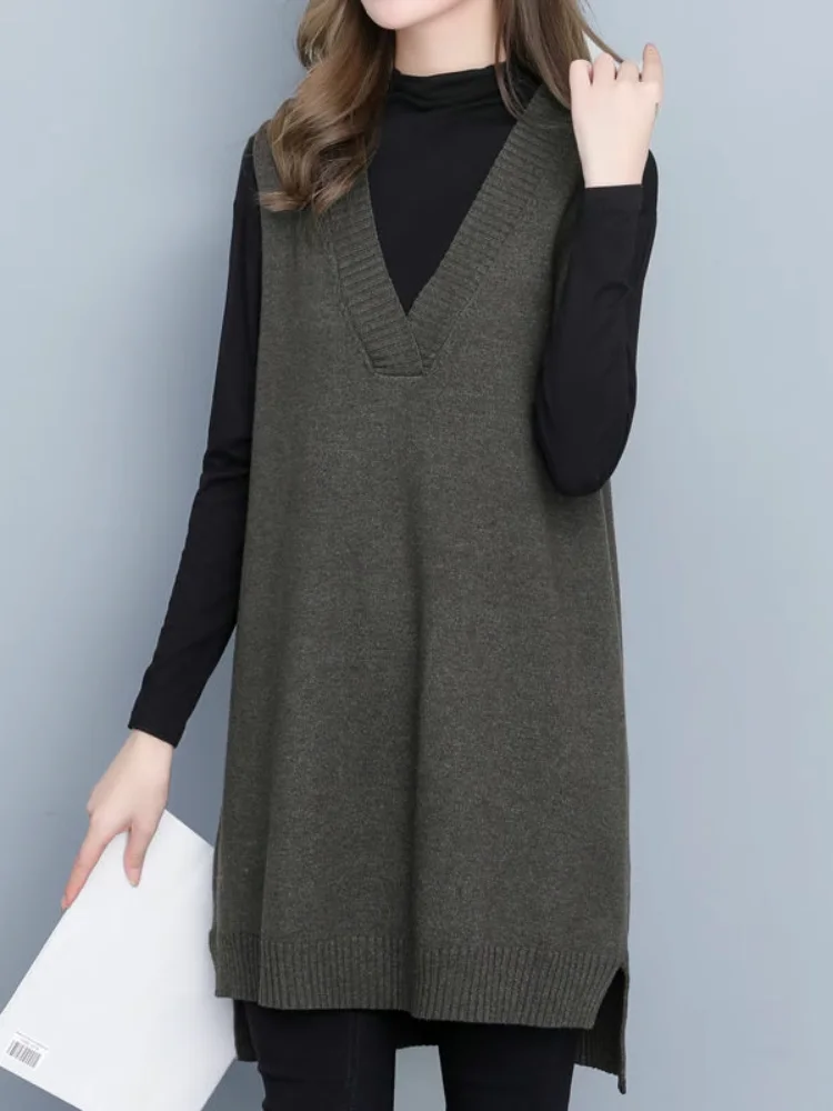 

plus Size Knitted Sweater Vest Women's Autumn Winter Outerwear Loose V-ne Mid-length Knitwear Tank Top for plus Size Women