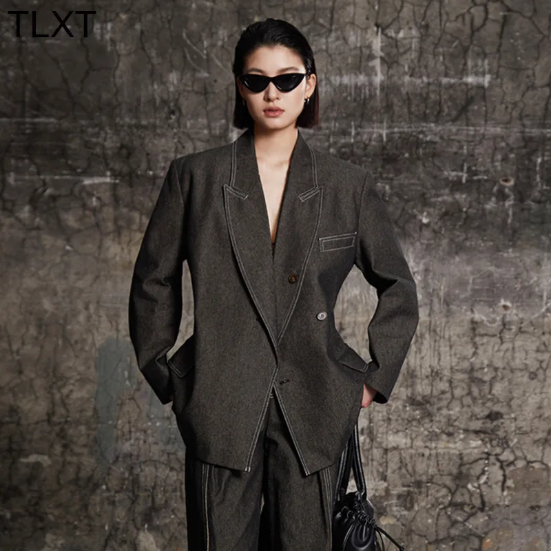 

TLXT женский высококачественный дизайнерский джинсовый пиджак с зубцами и длинными рукавами, куртка со сборкой на талии, весна 2021, новая одежда 26Z1211