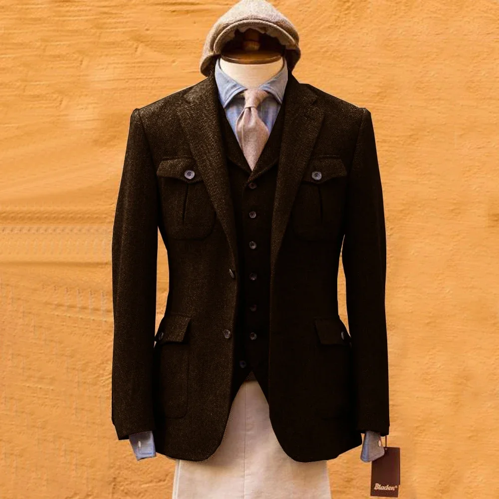 

Мужской костюм «елочка» Формальный полный костюм Лучший свадебный костюм жениха Настраиваемый высококачественный топ из трех предметов с лацканами + жилет + брюки