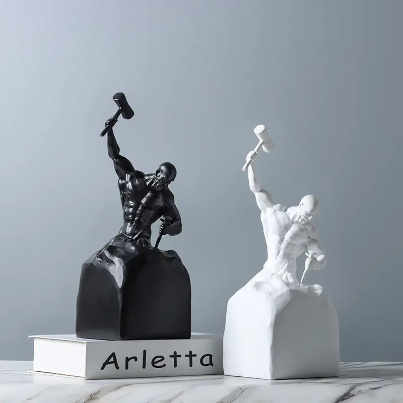 Modern Abstract Human Resin Sculpture Self Carving Figurine, Black White Statue Ornament for Hotel Villa Living Room Decoration