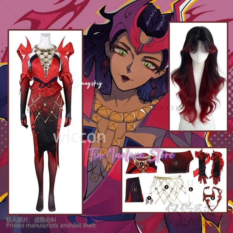 

Anime Game Rivals Cosplay Witch Red To Black Gradient Wigs Sexy Jumpsuit Halloween Party Punk Y2K Bodysuit Headwear Customized