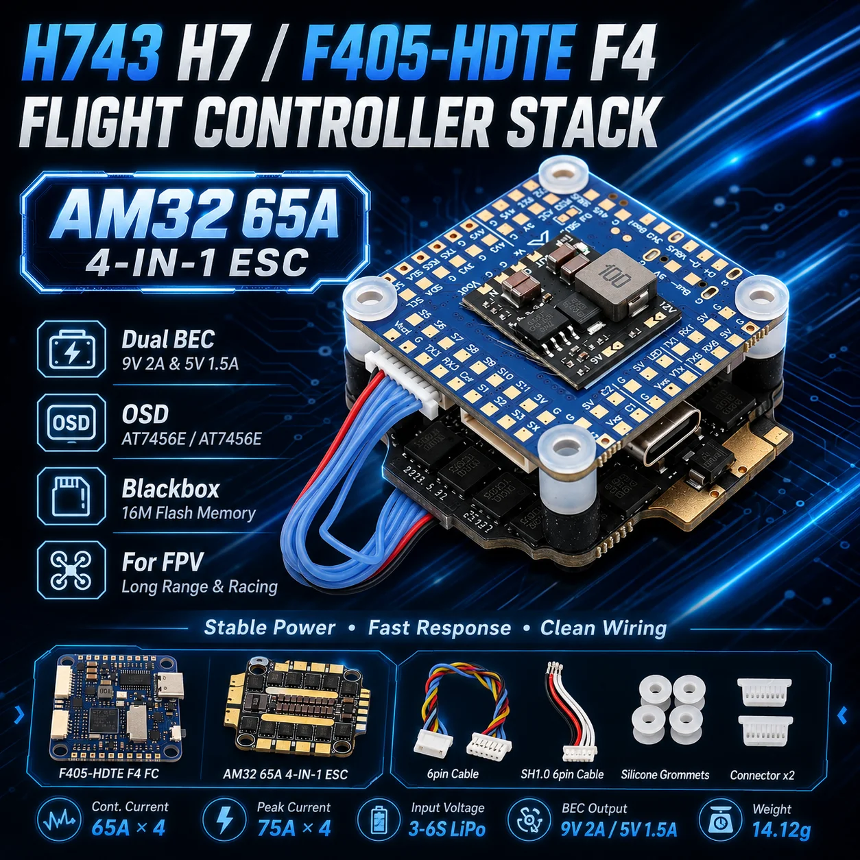 H743 H7 F405-HDTE F4 Flight Controller Built-in Dual BEC OSD Blackbox AM32 65A ESC Stack For RC FPV Long Range Racing Drones