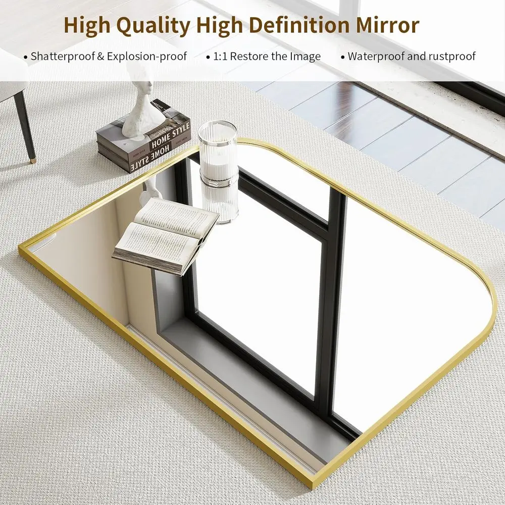 Espelho de banheiro superior curvo 38x30 com moldura larga, moldura de alumínio, adequado para sala de estar, quarto e entrada
