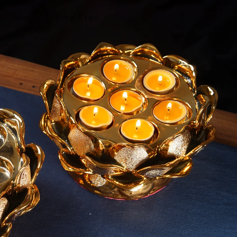 1PCS ceramic golden seven star lotus butter lamp holder for household Buddha offering candle holders