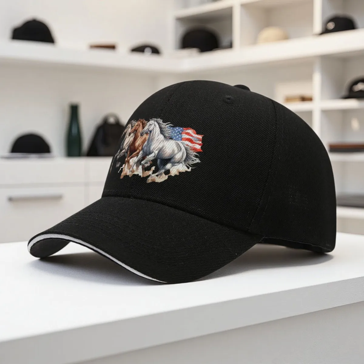 American Flag Horses Baseball Cap Polyester Adjustable Patriotic Outdoor Adult Headwear