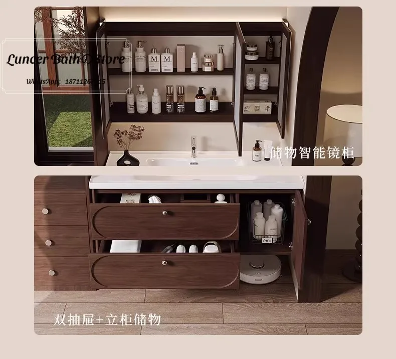 Medieval style ceramic all-in-one basin oak bathroom cabinet bathroom walnut color skeleton line wash basin