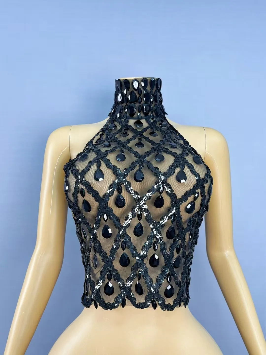 Shaokaojia negrito lingerie feminina sexy malha preta com strass lantejoulas amarrado corda superior bar festa carnaval festival de música outfit