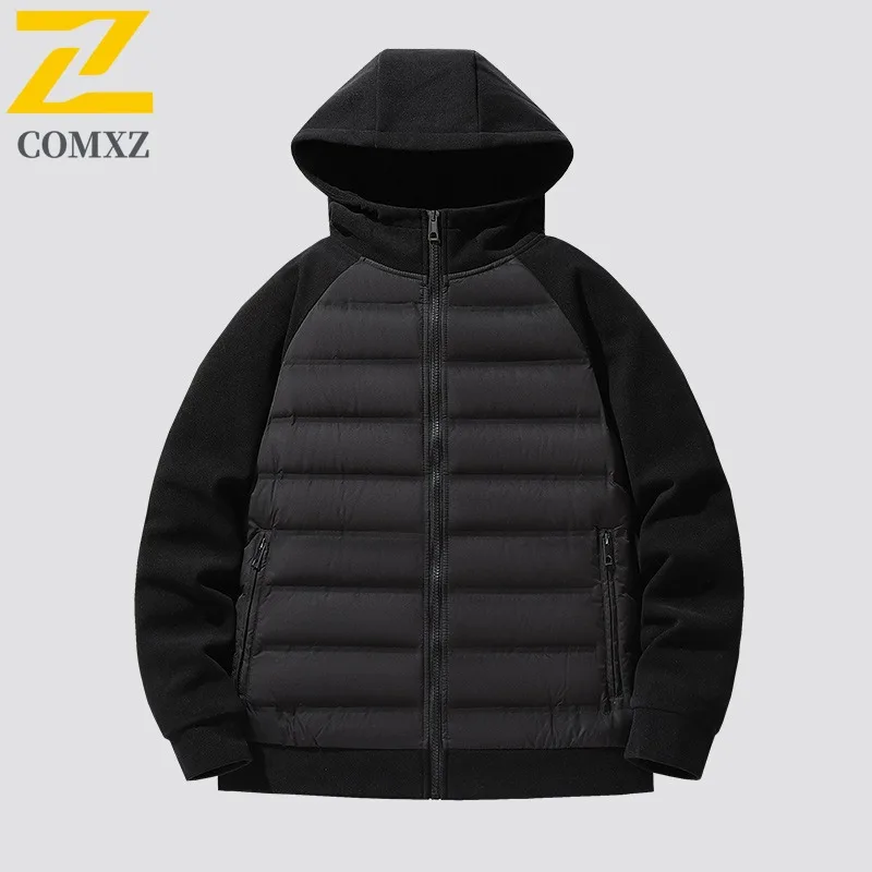 COMXZ Winter Mens Puffer Jacket Classics Hooded Camping Sleeve Puffer Coat Plus Size Durable Warm Quality Winter Outerwear
