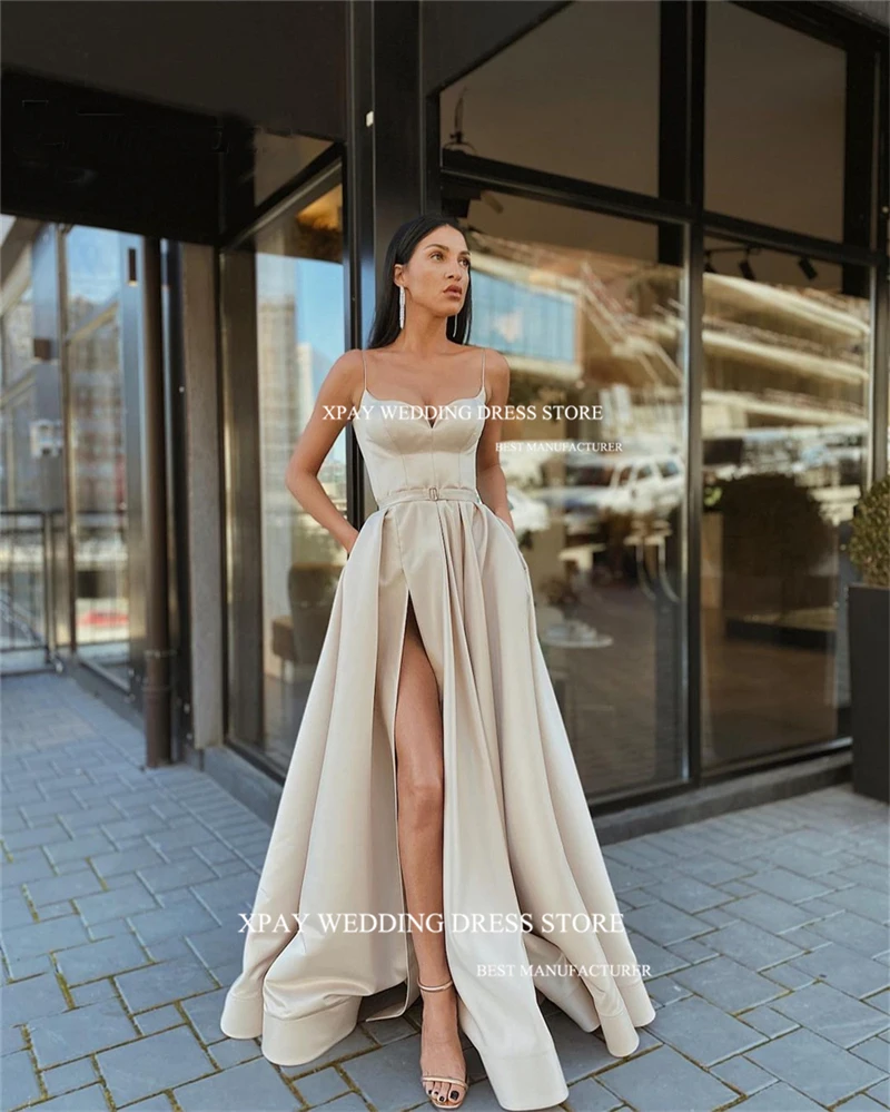 XPAY Variety Neckline Modest Satin Prom Dresses Floor-Length High Split Dubai Arabia Women Evening Gowns Cocktail Party Dress