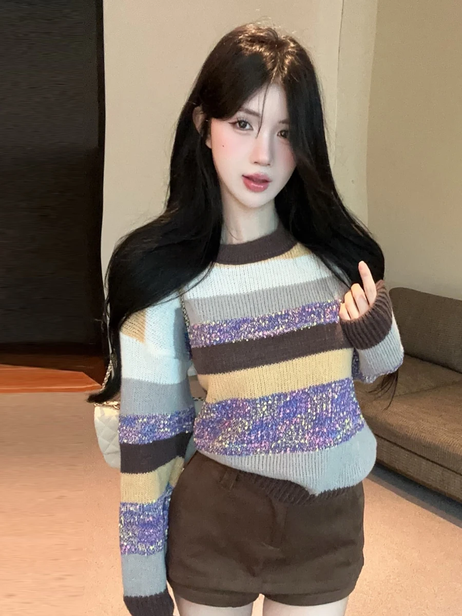 Sweet Retro round Ne Striped Knit Sweater Loose Casual Overhead Trendy Girl's Faion Straight Tube Long Sve Winter Top