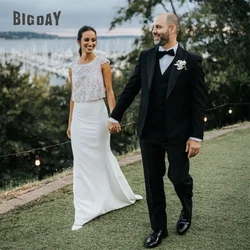 Elegant Two Pieces Mermiad Wedding Dress O-Neck Cap Sleeve Open Back Sequin Sweep Train Bridal Gown Vestidos De Noiva Customized