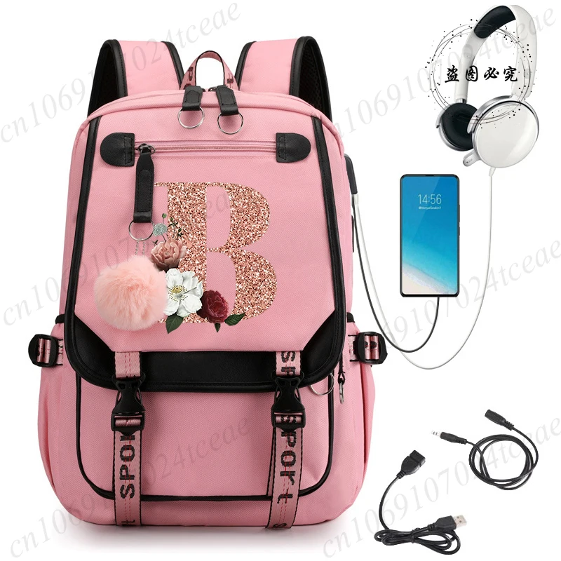 Women's Shoulder Backpack Travel Trip School Bags Students Storage Bag Rose Gold Letter A~Z Back To School Bookbag Grades 1-6