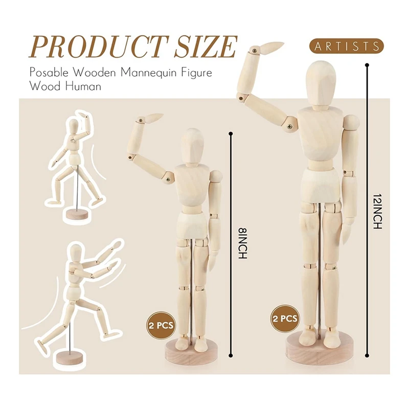 4 Pcs Posable Wooden Mannequin Figure Wood Human Model Drawing Figure For Sketching Painting Christmas Desk Decor