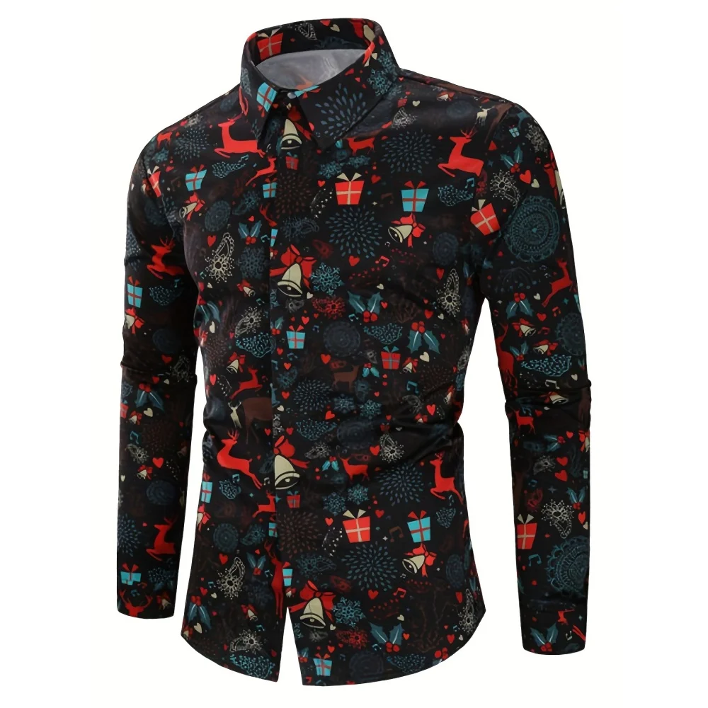 Christmas Theme Men's Gift Elk Graphic Print Formal Shirts Christmas Outfit Style Long Sleeve Shirt Fashion Men's Shirts for Men