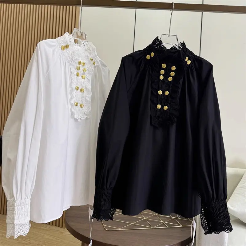 

French Style Ruffle Stand Up Collar with Gold Buttons Long Sleeved Shirt for Women Fashionable and Versatile Base Top Shirts