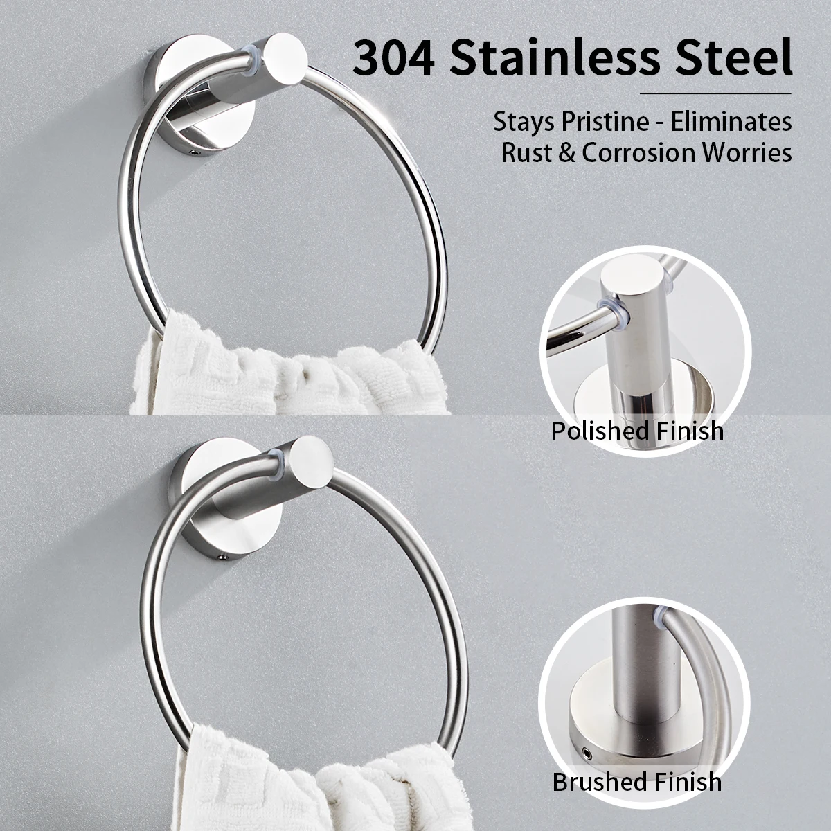 Bathroom 304 Stainless Steel Towel Ring Bathroom Hardware Pendant Towel Ring Towel Rack, Punched Installation, Brushed, Bright