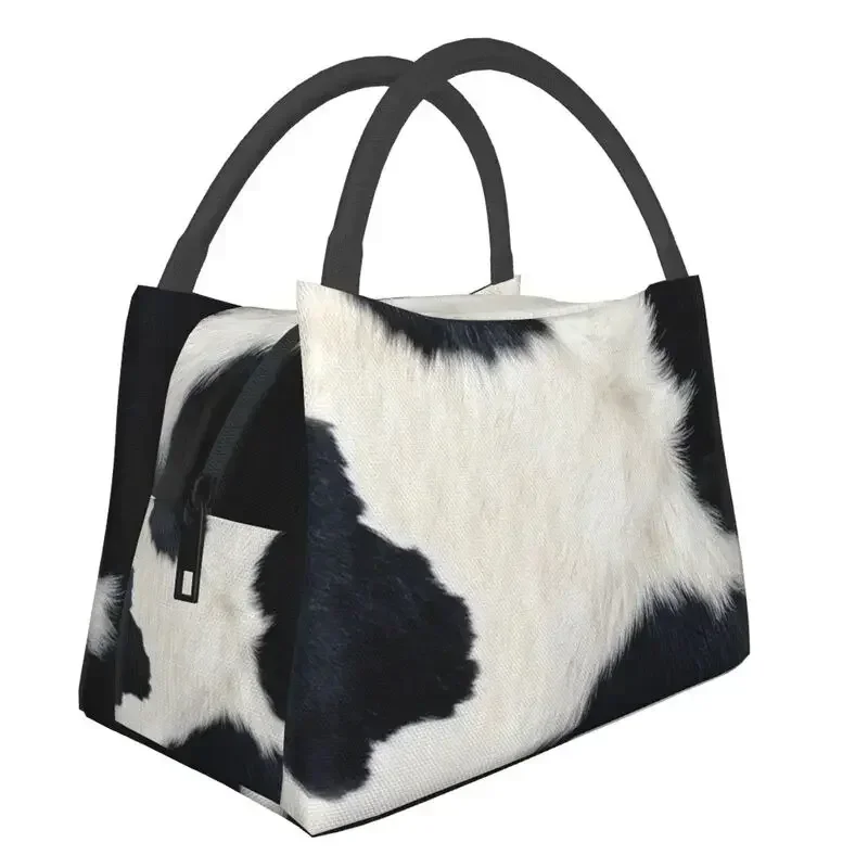 Print Black And White Cow Hide Insulated Lunch Bags for Women Simulated Cowhide Textured Portable Thermal Cooler Food Lunch Box