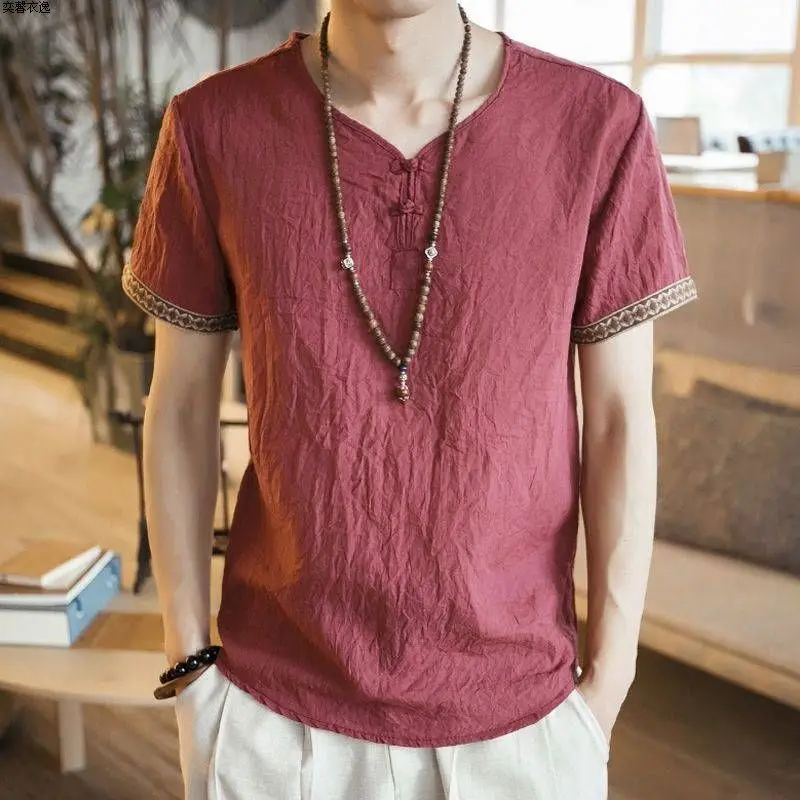 Men's Embroidered Linen T-shirt Men's Short-sleeved All-match Loose Thin Casual Plate Button Vintage Cotton and Linen Top
