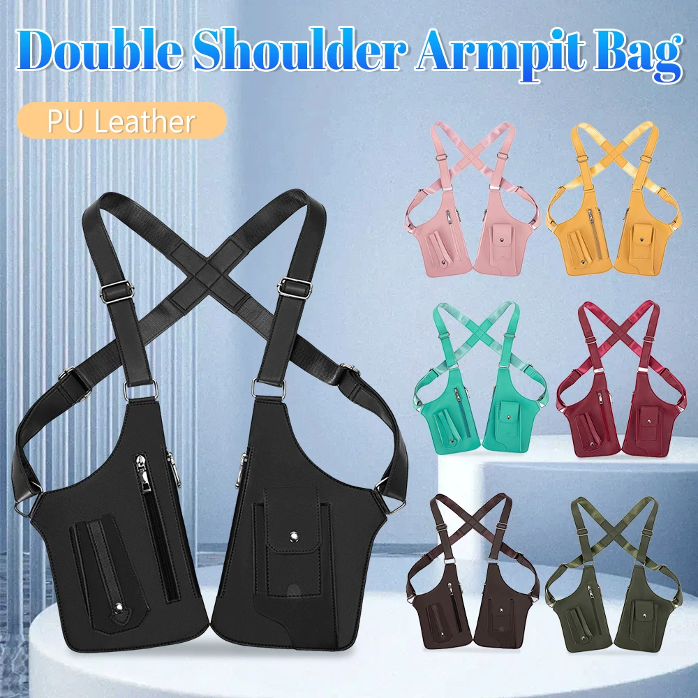 

Men Women Steampunk Vintage PU Leather Shoulder Harness Bag Double Phone Wallet Case Holster Viking Underarm Purse Bag Costume