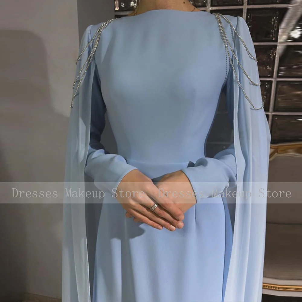 Modest Chiffon Rhinestone Formal Party Dresses Long A Line Boat Neck Evening Gowns for Women 2024 Light Sky Blue Evening Dress