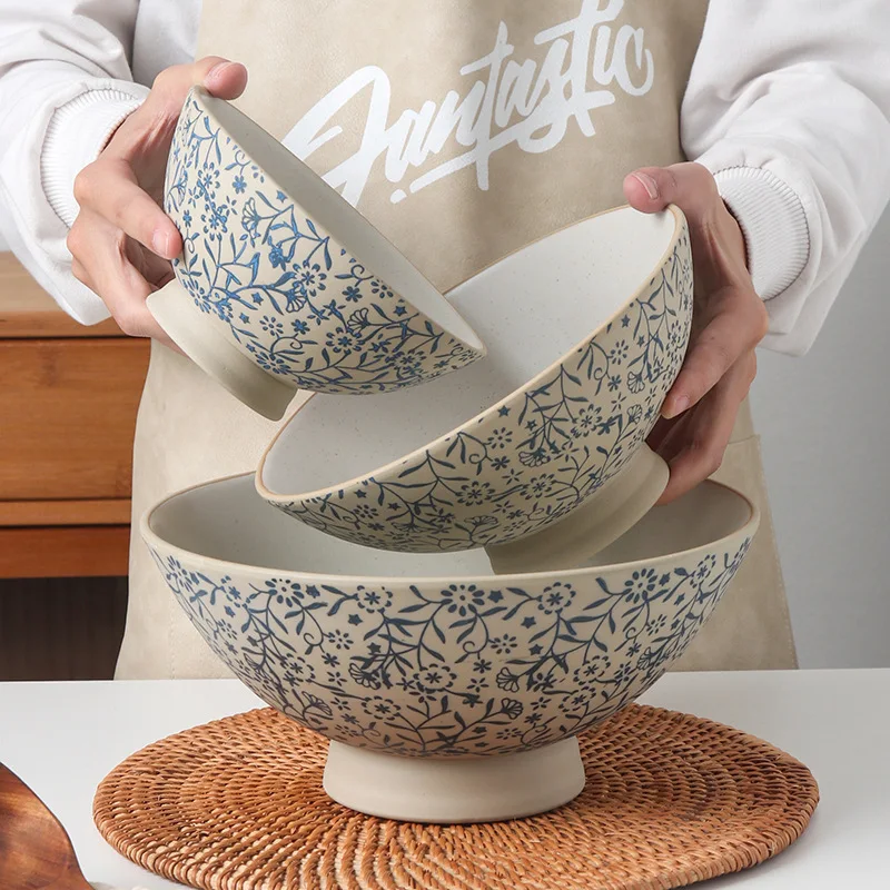 

Handcrafted Coarse Earthenware Bowls Retro Household High-legged Bamboo Hat Ramen Bowl Restaurant Ceramic Anti-scald Tableware