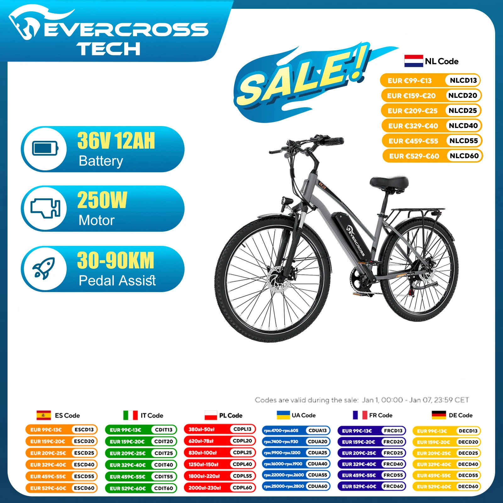 EVERCROSS TECH EK28 Elektrikli Bisiklet: 28 Çaplı Yetişkinler İçin Uzun Mesafe Elektrikli MTW