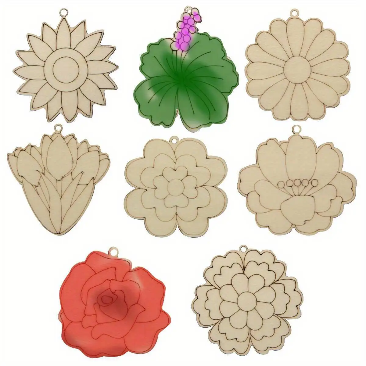24Pcs Wooden Flower Head Pendants Unpainted Lily Tulip Rose Hanging Ornament For Spring Easter Home Party Decoration Gifts