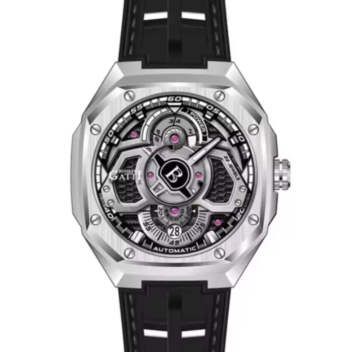 BONEST GATTI Men Automatic Watch 44mm Square Mechanical Wristwatch Waterproof Sapphire Mirror Luminous Power Reserve Indictor