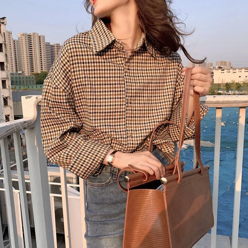 Plaid Shirts Women Vintage Hong Kong Style Long Sleeve Design Niche Tops Loose Aesthetic All-match Street Hipster Prevalent New