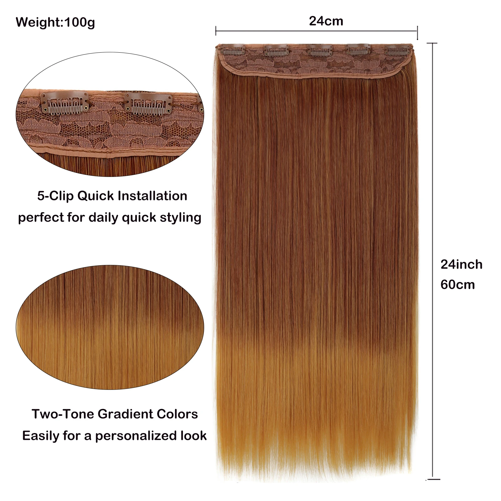 5 Clips One Piece Clip In Hair Extensions Straight Hair Ombre Two Tone High Temperature Synthetic Hairpiece For Women
