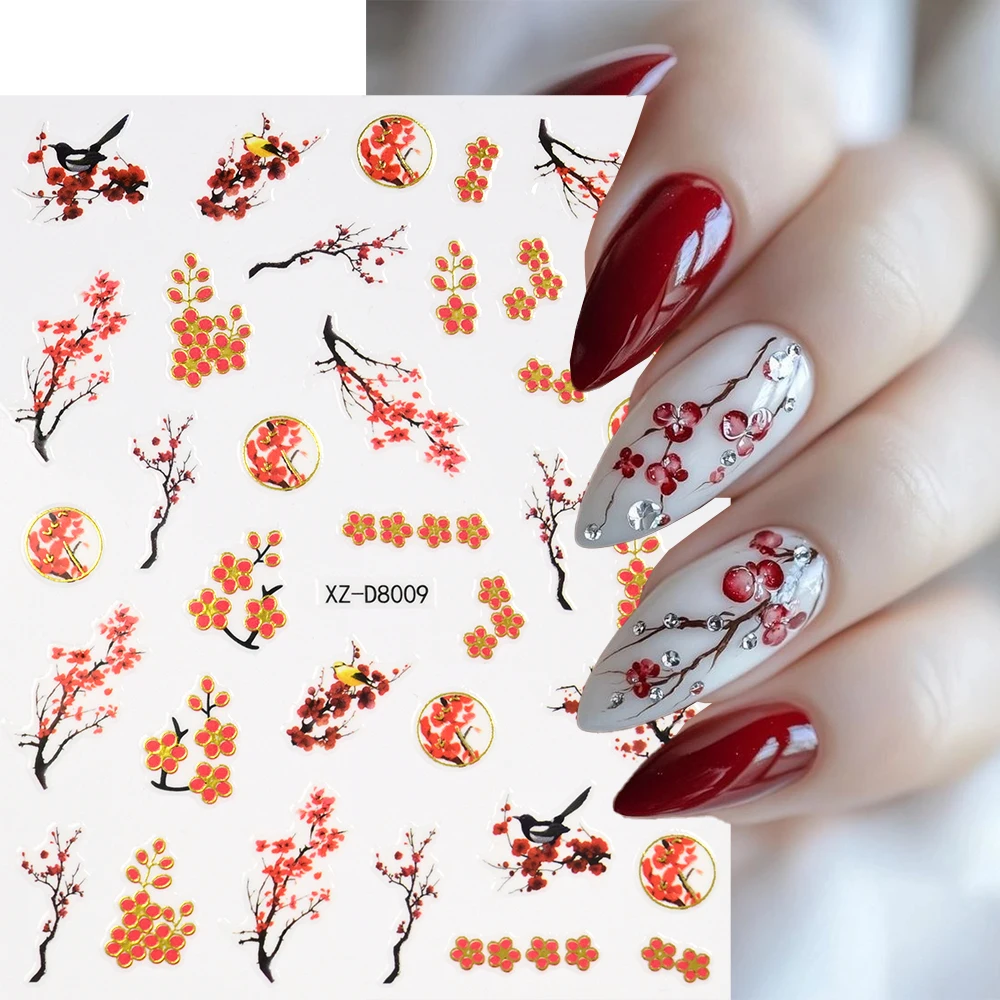 

1Pcs Plum Bossom Nail Stickers 3D Chinese Character Crane Bamboo Sticker Lucky Koi Carp Begonia Lotus Flower Nail Decals Decorat