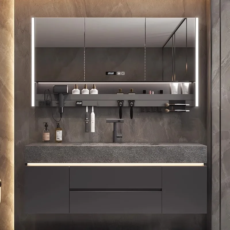 New light luxury rock slab hot bending integrated basin bathroom cabinet combination bathroom ceramic wash basin