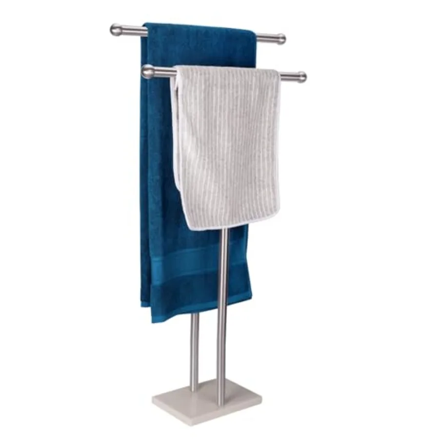 

Standing Towel Rack Double-T Shape Tall Bath Towel Sheet Holder with Marble Design Base for Bathroom 2 Tier Towel Holder Stand