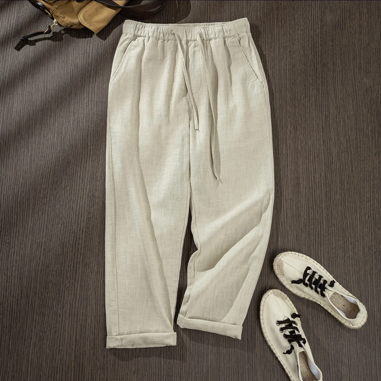 

Новые мужские свободные брюки из хлопка и льна 2026 года с эластичным поясом, прямые, повседневные, с широкими штанинами, пляжные, с поясом