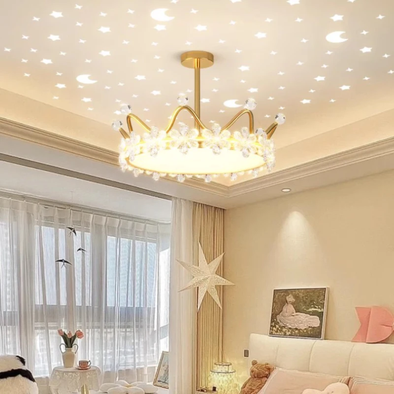 Children's Room Golden Crown Ceiling Lamps Crystal Flower Crown Lamp LED Romantic Warm Baby Room Boy Girl Bedroom Ceiling Lights