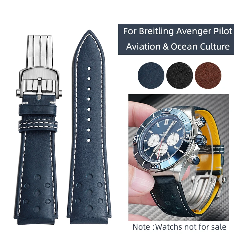 FOLDING CLASP watch band For Breitling Replacement Strap Ocean Heritage Avenger Aviation Pilot Leather strap 22mm watch belt men