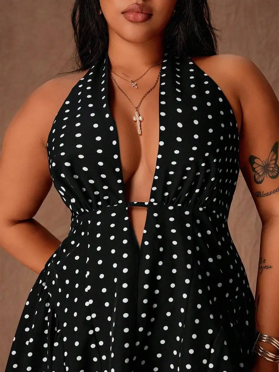 

Plus Size Women Polka Dot Halter Neck Deep V A-Line Mini Dress