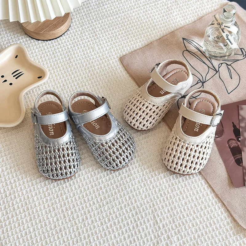 2026 Novel Roman Sandals for Little Girls Side Butterfly-knot Princess Weave Sandals Soft Breathable Hollow Shoes Child Girl